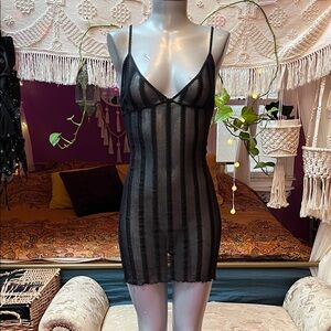 Vintage Y2K Goth sheer mesh striped black mini slip dress